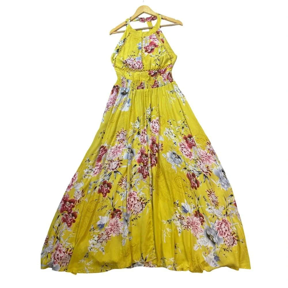 Jaase Yellow Floral Halter‎ Maxi Dress XL Crochet Smocked Vacay Tropical Boho